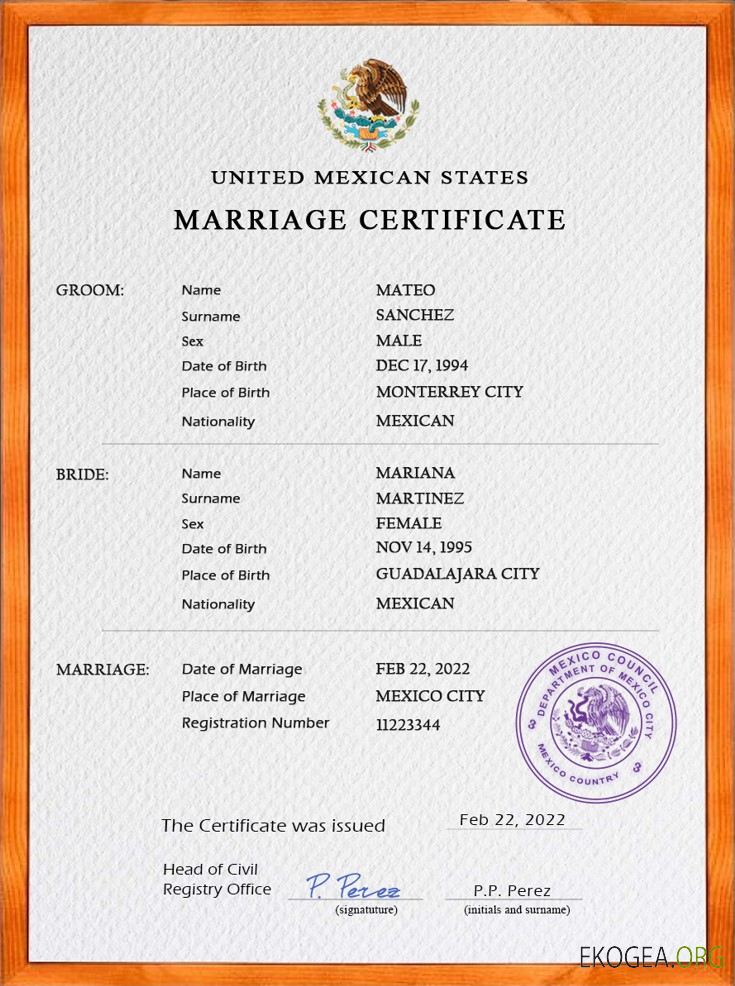 Modèle PSD de certificat de mariage au Mexique, entièrement modifiable
